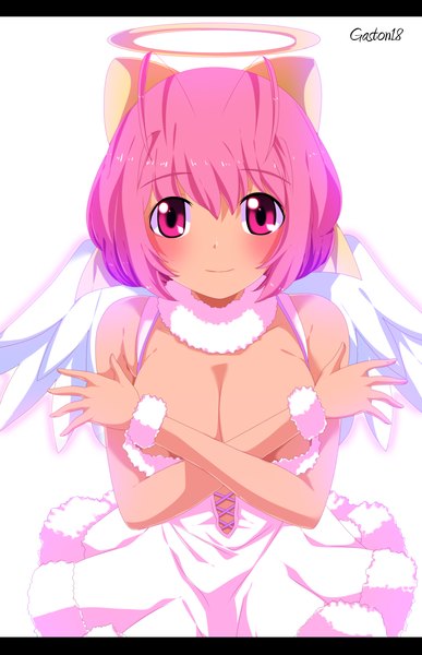 Anime picture 1700x2636 with kami nomi zo shiru sekai nakagawa kanon tongasart single tall image blush short hair light erotic simple background smile white background pink hair ahoge pink eyes coloring angel wings girl dress wings white dress