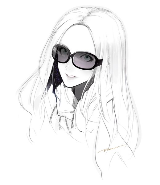 Anime picture 1080x1248 with original poaro single long hair tall image looking at viewer signed white hair parted lips grey eyes sketch girl glasses scarf sunglasses