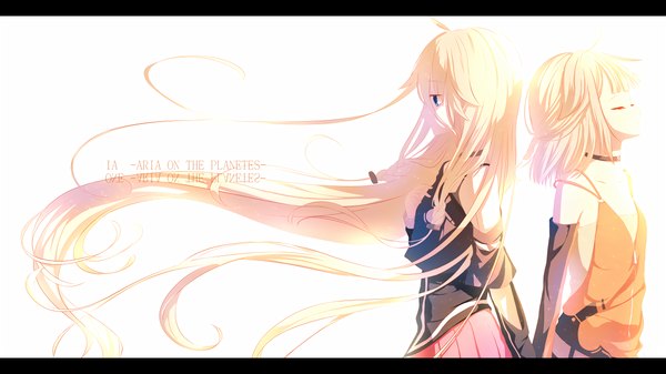 Anime picture 2000x1124 with vocaloid cevio ia (vocaloid) one (cevio) pumila fringe highres short hair blue eyes simple background blonde hair wide image standing bare shoulders multiple girls ahoge braid (braids) eyes closed very long hair profile