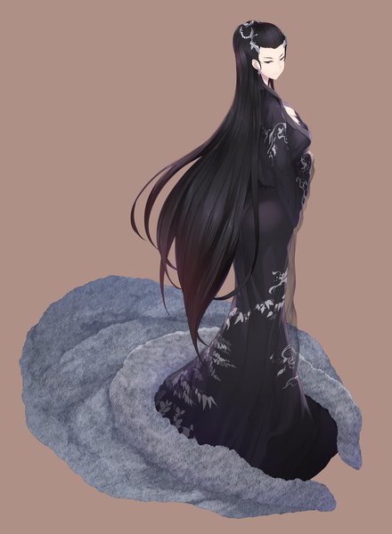 Anime picture 5315x7247 with original cait single tall image highres breasts black hair simple background standing looking away absurdres cleavage full body very long hair looking back black eyes fur trim brown background girl dress