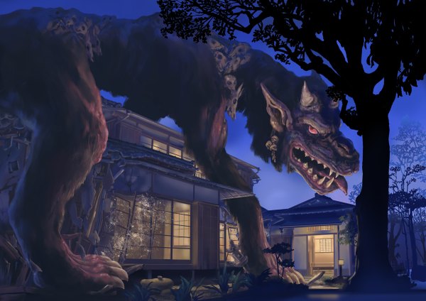 Anime picture 1200x849 with original wakayasu red eyes horn (horns) night no people destruction giant animal plant (plants) animal tree (trees) tongue monster house japanese house shrine