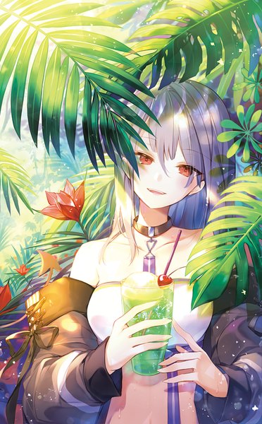 Anime picture 497x800 with original ibara riato single long hair tall image fringe open mouth smile hair between eyes red eyes bare shoulders holding upper body outdoors head tilt grey hair shadow sweat girl flower (flowers)