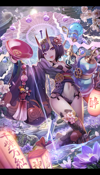 Anime picture 800x1393 with fate (series) fate/grand order shuten douji (fate) torino aqua single tall image looking at viewer blush fringe short hair breasts open mouth light erotic smile standing purple eyes bare shoulders purple hair bent knee (knees) traditional clothes
