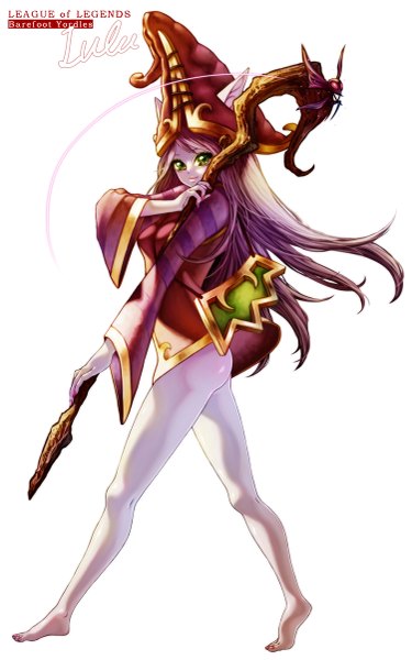 Anime picture 751x1200 with league of legends lulu (league of legends) waterring single long hair tall image looking at viewer light erotic green eyes animal ears purple hair light smile legs girl hat witch hat staff
