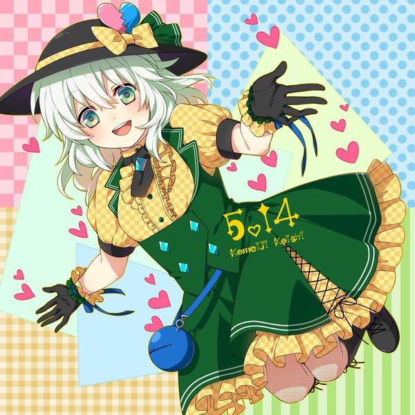 Anime picture 1514x1514 with touhou komeiji koishi kuronohana single looking at viewer fringe short hair open mouth smile hair between eyes green eyes green hair short sleeves puffy sleeves character names dated symbol-shaped pupils spread arms striped polka dot