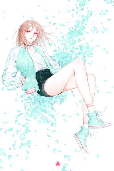 Anime picture 2200x3300 with original moss (2225028) single tall image highres short hair red eyes brown hair looking away full body open jacket legs hands in pockets girl earrings petals choker shoes jacket shorts