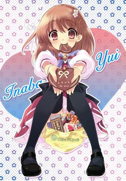 Anime picture 5231x7500 with flyable heart inaba yui itou noiji single tall image looking at viewer blush highres short hair smile red eyes brown hair sitting absurdres ahoge valentine girl thighhighs skirt uniform