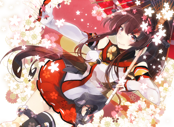 Anime picture 2000x1467 with kantai collection yamato super battleship yakusuke single long hair fringe highres smile hair between eyes brown hair brown eyes payot looking away ponytail outstretched arm sailor collar girl flower (flowers) detached sleeves umbrella