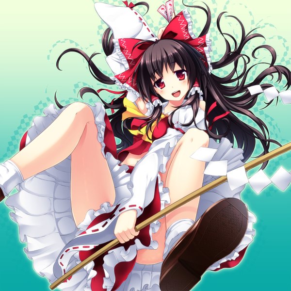 Anime picture 1378x1378 with touhou hakurei reimu mizunoto nozumi long hair blush open mouth light erotic black hair red eyes miko girl skirt bow hair bow detached sleeves socks white socks skirt set gohei ofuda