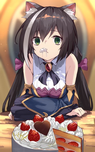 Anime picture 1404x2240 with princess connect! re:dive princess connect! karyl (princess connect!) yuuuuu single long hair tall image looking at viewer fringe black hair hair between eyes sitting twintails bare shoulders green eyes animal ears payot upper body multicolored hair blurry