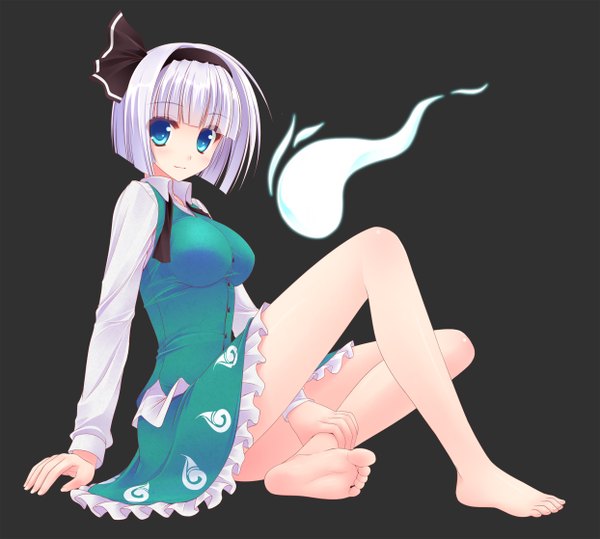 Anime picture 2488x2236 with touhou konpaku youmu naturalton single looking at viewer highres short hair blue eyes simple background sitting white hair barefoot ghost girl dress hairband