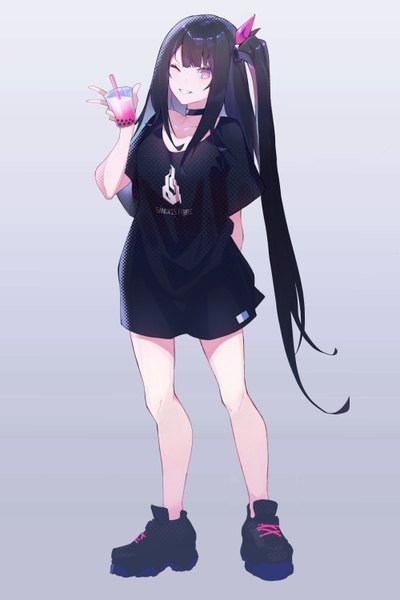Anime picture 2000x3000 with girls frontline architect (girls frontline) inpamas single tall image highres black hair simple background smile standing purple eyes full body very long hair one eye closed wink grey background one side up grin girl choker