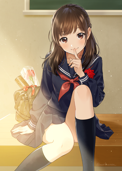 Anime picture 777x1087 with original morikura en single long hair tall image looking at viewer blush fringe smile brown hair sitting brown eyes signed indoors long sleeves head tilt pleated skirt sunlight arm support twitter username