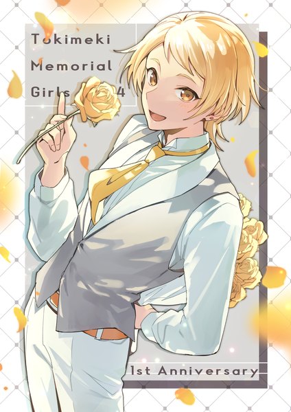 Anime picture 1157x1637 with tokimeki memorial girl's side 4th heart honda iku sakuro single tall image looking at viewer short hair open mouth blonde hair holding yellow eyes :d from above copyright name arm behind back anniversary boy flower (flowers) shirt petals