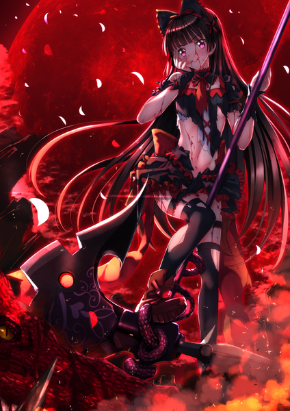 Anime picture 1102x1560 with gate - jieitai ka no chi nite kaku tatakaeri a-1 pictures rory mercury swordsouls single long hair tall image blush light erotic black hair smile standing holding payot looking away bent knee (knees) ass blunt bangs head tilt pink eyes