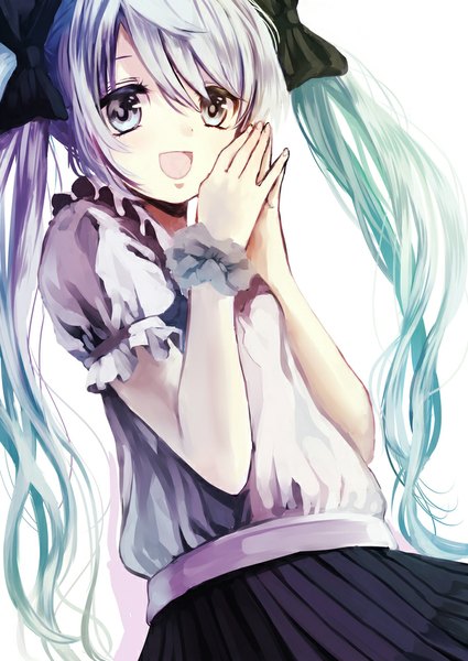 Anime picture 708x1000 with vocaloid hatsune miku nonoharak single long hair tall image looking at viewer open mouth simple background white background twintails aqua eyes aqua hair happy hands clasped girl skirt bow hair bow blouse
