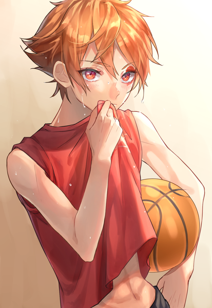 Anime picture 1200x1740 with twisted wonderland ace trappola chan bra555 single tall image fringe short hair simple background hair between eyes red eyes looking away upper body orange hair sweat boy ball basketball ball