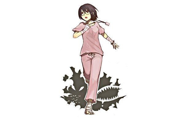 Anime picture 1400x900 with king of thorn kasumi (king of thorn) short hair black hair white background barefoot wallpaper torn clothes girl glasses bandage (bandages)