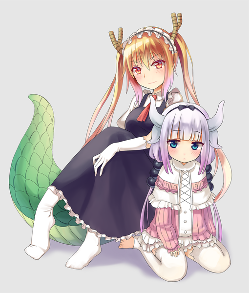 Anime picture 1700x2000 with kobayashi-san chi no maidragon kyoto animation kanna kamui tooru (maidragon) zzz (chomic) long hair tall image blush fringe simple background blonde hair sitting twintails multiple girls payot full body blunt bangs horn (horns) light smile grey background