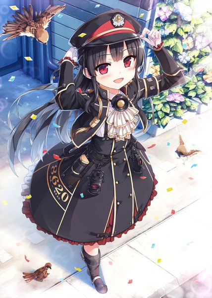 Anime picture 1063x1491 with maitetsu hachiroku (maitetsu) cura single long hair tall image looking at viewer blush fringe open mouth black hair smile red eyes standing payot full body outdoors blunt bangs :d wind
