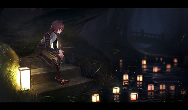 Anime picture 2824x1658 with genshin impact shikanoin heizou anna (drw01) single long hair highres wide image sitting signed full body ahoge outdoors red hair night letterboxed hands clasped river boy lantern stairs