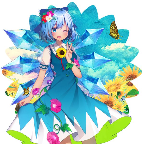 Anime-Bild 2000x2000 mit touhou cirno tanned cirno koto seori single looking at viewer blush fringe highres short hair open mouth blue eyes hair between eyes blue hair one eye closed wink puffy sleeves victory ;d girl