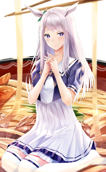 Anime picture 1000x1618 with umamusume mejiro mcqueen (umamusume) nicky w single long hair tall image looking at viewer blush sitting purple eyes animal ears silver hair hands clasped horse ears interlocked fingers seiza girl thighhighs dress skirt