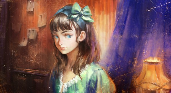 Anime picture 1920x1053 with original arata yokoyama single long hair looking at viewer fringe highres blue eyes black hair wide image lips portrait girl dress bow hair bow hairband lamp