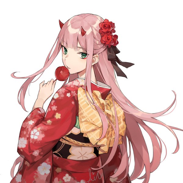 Anime picture 800x800 with darling in the franxx studio trigger zero two (darling in the franxx) aiko (kanl) single long hair looking at viewer fringe simple background standing white background holding green eyes payot pink hair upper body blunt bangs traditional clothes japanese clothes looking back