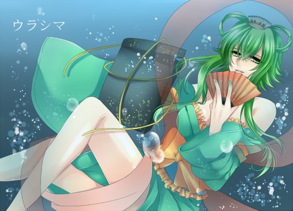 Anime picture 1228x885 with vocaloid gumi single looking at viewer fringe breasts bare shoulders holding green eyes nail polish japanese clothes fingernails green hair alternate costume alternate hairstyle girl water kimono bubble (bubbles) fan