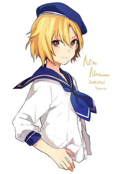 Anime picture 558x800 with ensemble stars! nito nazuna tama (songe) single tall image looking at viewer fringe short hair simple background blonde hair hair between eyes red eyes white background signed upper body character names dated boy beret sailor suit