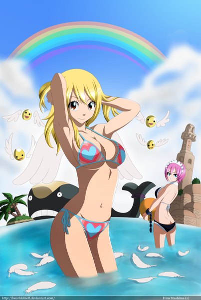 Anime picture 2150x3200 with fairy tail lucy heartfilia virgo (fairy tail) lworldchiefl long hair tall image highres short hair blue eyes light erotic blonde hair smile brown eyes pink hair sky cloud (clouds) looking back armpit (armpits) maid coloring