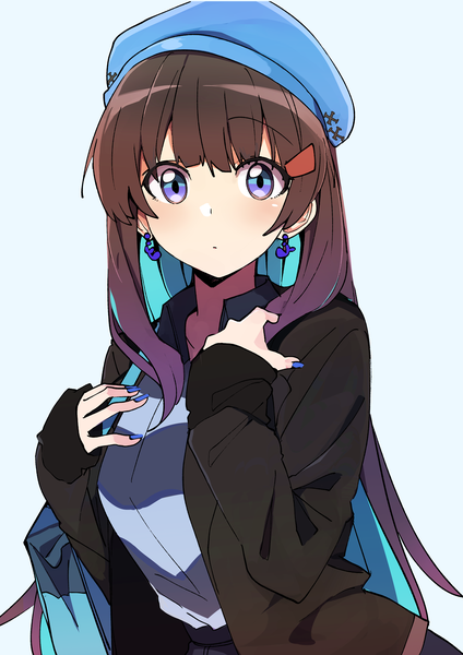 Anime picture 2894x4093 with original kazenoko single long hair tall image looking at viewer blush fringe highres simple background brown hair standing purple eyes payot nail polish multicolored hair fingernails open jacket two-tone hair sleeves past wrists