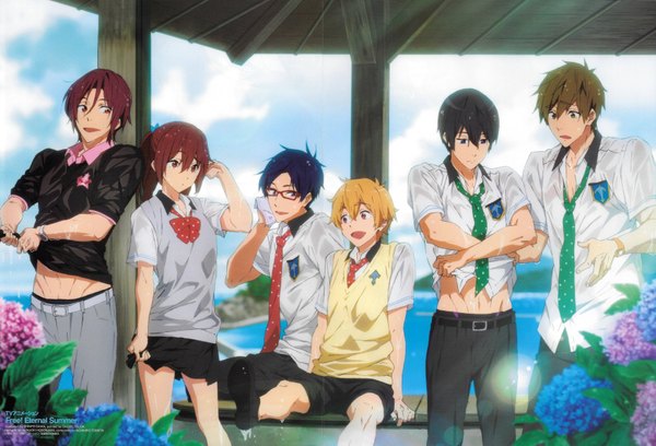 Anime picture 3500x2382 with free! kyoto animation matsuoka rin nanase haruka (free!) tachibana makoto matsuoka gou hazuki nagisa ryugazaki rei sawa shinpei long hair highres short hair blue eyes black hair blonde hair smile red eyes brown hair standing sitting