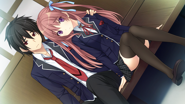 Anime picture 1280x720 with houkago no futekikakusha maizuru asagao long hair short hair black hair red eyes wide image sitting purple eyes pink hair game cg couple girl thighhighs boy bow ribbon (ribbons) black thighhighs hair bow hair ribbon