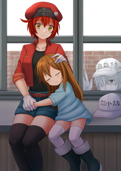 Anime-Bild 1200x1697 mit hataraku saibou david production platelet (hataraku saibou) white blood cell (hataraku saibou) u-1146 ae-3803 red blood cell (hataraku saibou) kazenokaze long hair tall image looking at viewer blush fringe short hair smile hair between eyes brown hair sitting holding yellow eyes