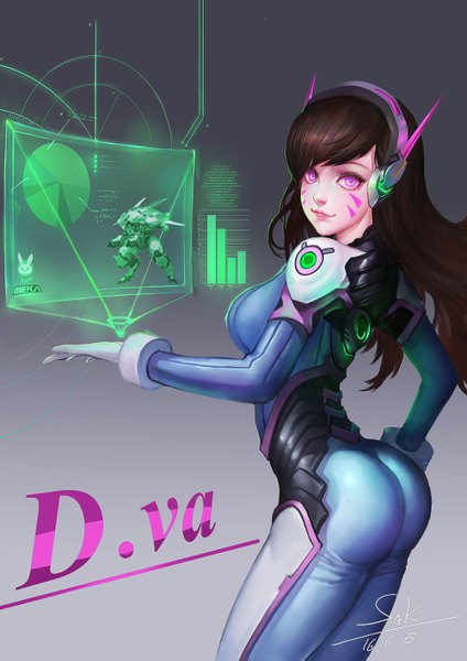 Anime picture 2000x2829 with overwatch blizzard entertainment d.va (overwatch) lize cai single long hair tall image fringe highres breasts light erotic smile brown hair standing signed ass pink eyes lips hand on hip character names