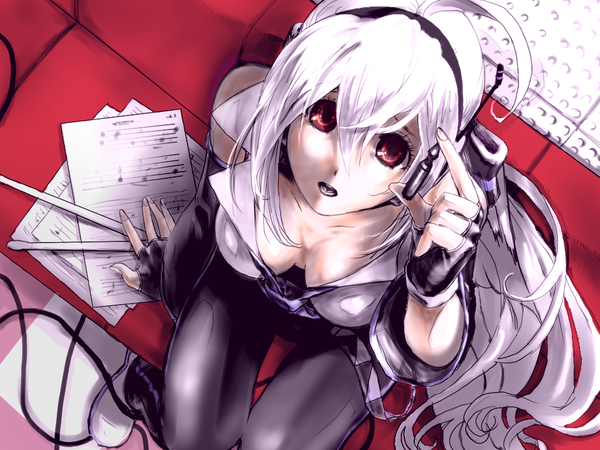 Anime picture 1024x768 with vocaloid yowane haku idsuru921 single long hair looking at viewer open mouth light erotic red eyes sitting white hair open clothes open shirt girl headphones fingerless gloves