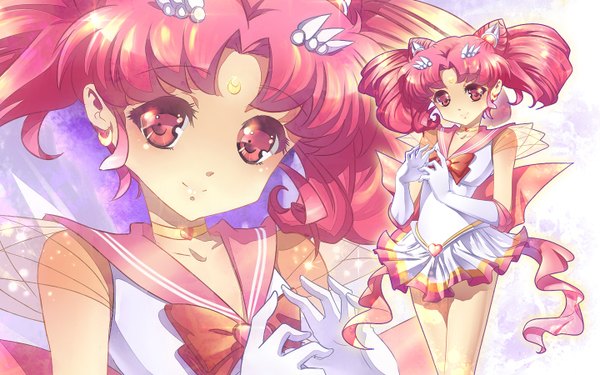 Anime picture 1440x900 with bishoujo senshi sailor moon toei animation chibiusa sailor chibi moon kaminary short hair smile red eyes wide image twintails pink hair wallpaper short twintails zoom layer girl gloves elbow gloves sailor suit