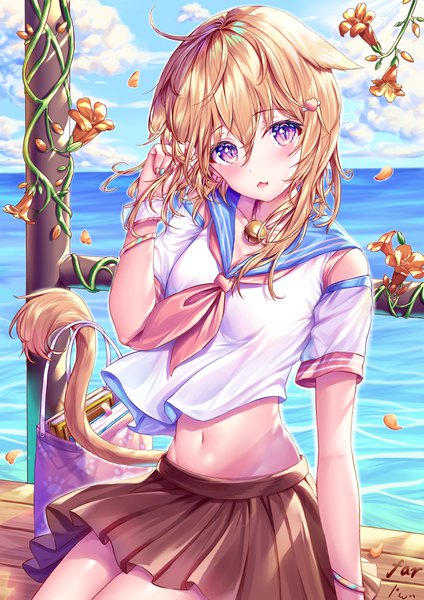 Anime picture 2480x3508 with original sugi (far-) single long hair tall image looking at viewer blush fringe highres open mouth blonde hair hair between eyes sitting purple eyes signed animal ears sky cloud (clouds) outdoors tail