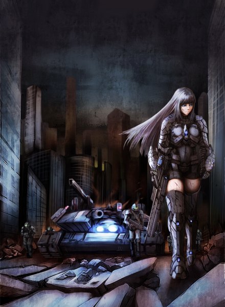 Anime picture 1949x2657 with original akimbo kimochi (artist) long hair tall image highres blue eyes looking away silver hair multiple boys city girl boy uniform weapon gun building (buildings) military uniform ground vehicle armored dress tank