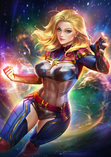 Anime picture 2480x3508 with marvel comics captain marvel carol danvers nudtawut thongmai single long hair tall image looking at viewer blush highres breasts blue eyes light erotic blonde hair signed lips realistic lipstick floating hair covered navel