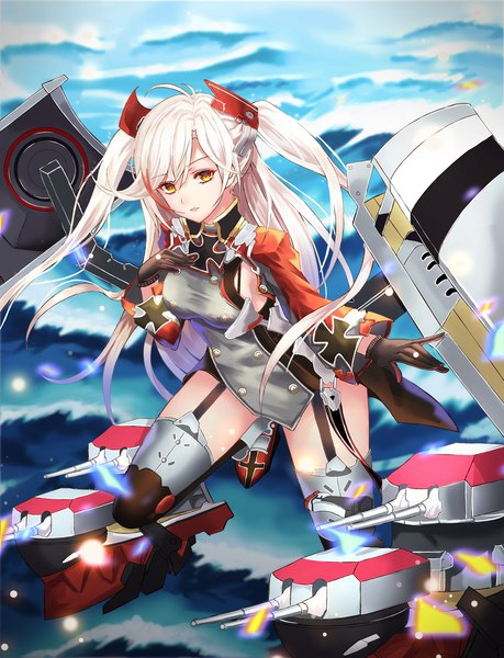 Anime picture 1600x2089 with azur lane prinz eugen (azur lane) cup6542 single long hair tall image looking at viewer fringe breasts light erotic hair between eyes standing yellow eyes silver hair outdoors long sleeves parted lips multicolored hair two-tone hair leaning