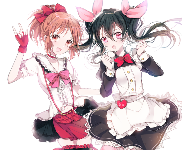 Anime picture 850x699 with idolmaster idolmaster cinderella girls love live! school idol project sunrise (studio) love live! yazawa nico abe nana n n (vbdpsep) long hair looking at viewer fringe short hair open mouth simple background hair between eyes white background twintails multiple girls brown eyes ponytail