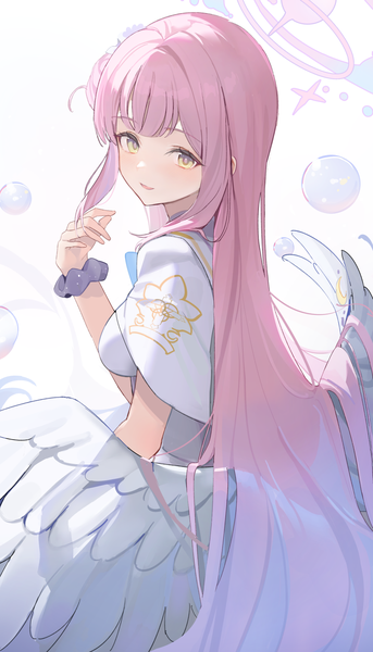 Anime picture 908x1590 with blue archive mika (blue archive) misuzu0342 single tall image fringe white background yellow eyes payot looking away pink hair very long hair white wings wrist scrunchie girl wings halo bubble (bubbles) scrunchie