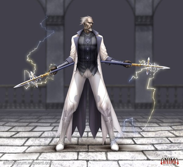 Anime picture 1368x1254 with anima wen-m short hair white hair realistic magic lightning old man boy weapon suit