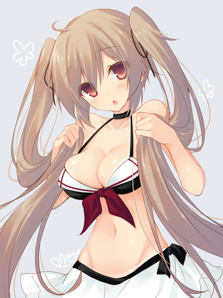 Anime picture 678x904 with kantai collection murasame destroyer miko (royal milk) single long hair tall image looking at viewer blush fringe breasts open mouth light erotic red eyes brown hair large breasts twintails ahoge grey background halterneck girl