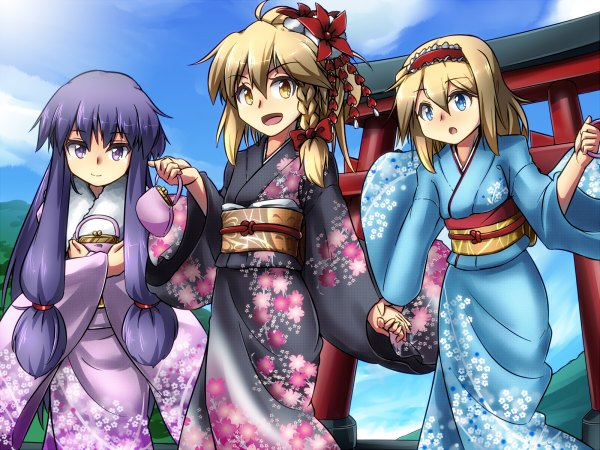 Anime picture 1200x900 with touhou kirisame marisa patchouli knowledge alice margatroid kimagure ringo (artist) long hair short hair open mouth blue eyes blonde hair smile purple eyes multiple girls yellow eyes purple hair braid (braids) japanese clothes girl hair ornament hairband