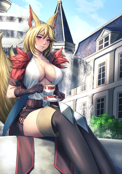 Anime picture 2800x4000 with original sadakage single tall image looking at viewer blush fringe highres short hair breasts light erotic blonde hair smile hair between eyes large breasts sitting holding animal ears sky cleavage