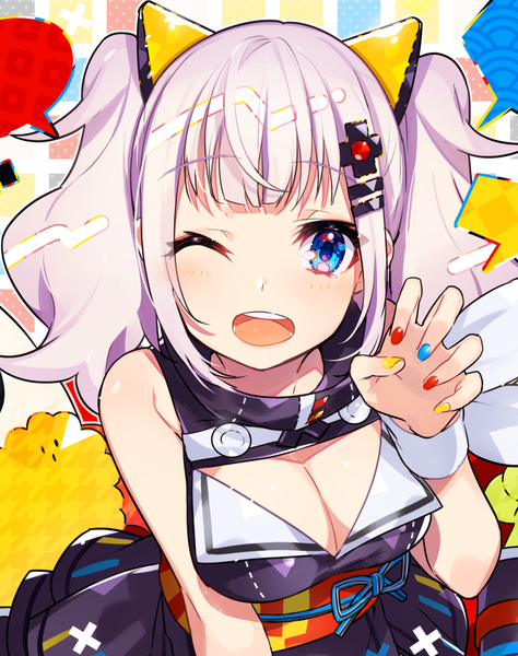 Anime picture 750x948 with virtual youtuber the moon studio kaguya luna mika pikazo single long hair tall image looking at viewer blush open mouth blue eyes light erotic twintails bare shoulders payot silver hair nail polish one eye closed wink official art